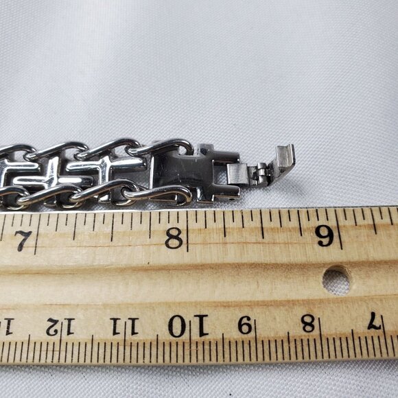 Mens LYNX Stainless Steel Sideways Cross Railroad Chain Bracelet 8.5 Inches - Picture 5 of 6